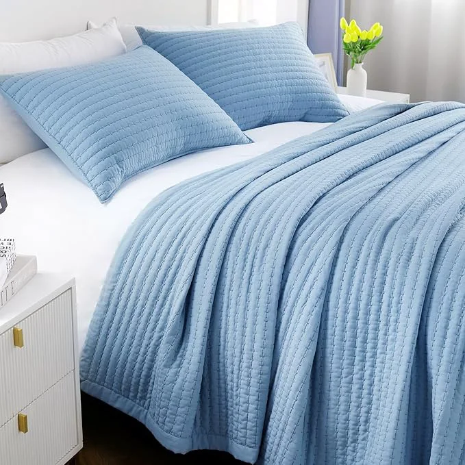 Sustainable Twin Quilt Set – 68 quot x86 quot Soft Washed 3-Layer Lightweight Bedspread with Multi-Lock Quilting Minimalist Nordic Bedding All-Season Quilt for Spring Summer amp Fall 1 Quilt 2 Pillow Shams Blue Recyclable