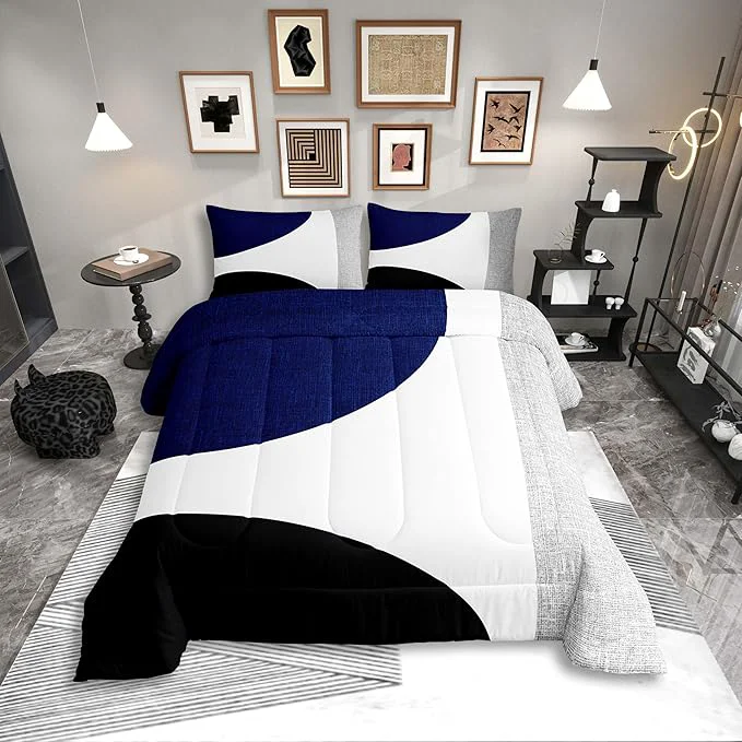 Versatile Erosebridal Navy Blue Abstract Comforter Set Toddler Black and White Boho Geometric Circle Bedding for Minimalist Striped Lines Modern Art Quilt Watercolor Creative Artwork Bedding Comforter Sets Authentic