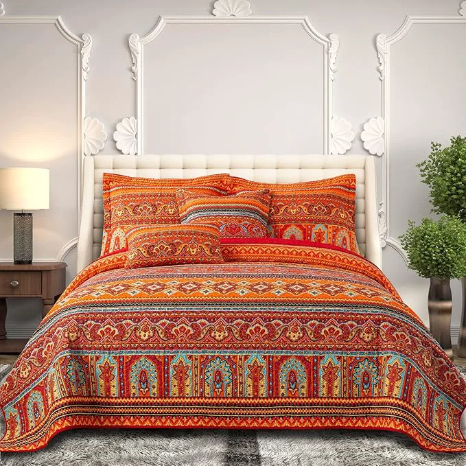World-Class BEDIFANY Cotton King Size Quilt Set - Boho Lightweight King Bedspread - Colorful Orange Reversible Coverlets Quilt Bedding Sets - Oversized King Quilt Set for Bed Decorations for All Seasons 3 Pieces Quality