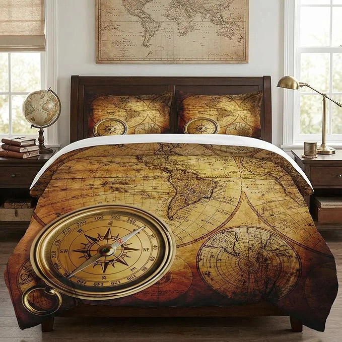 Twin Size Comforter Set with Pillowcase Vintage Retro World Map Soft 2 Pcs Bedding for Kids and Adults Bedroom Bed Decor Professional