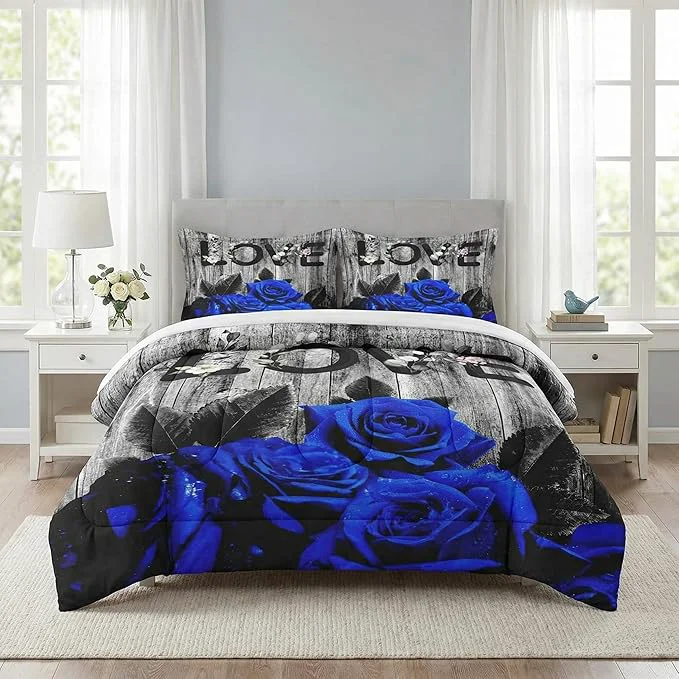 Exclusive Queen Size Comforter Set with 2 Pillowcases Dark Blue Rose Flower 3 Pcs Bedding for Kids and Adults Summer Vintage Woodboard Soft Comforter Set for Bedroom Bed Decor Trendy