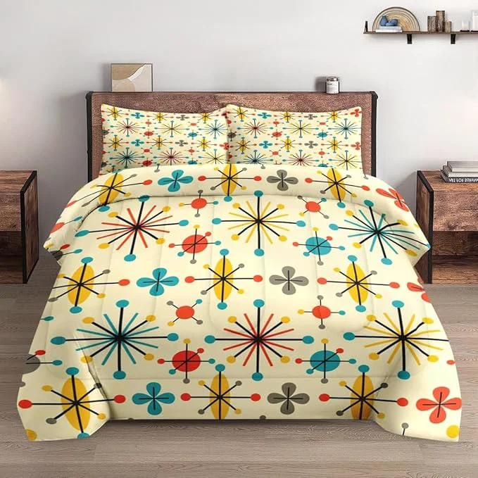 Clean Twin Size Comforter Set with Pillowcase Mid Century Retro 50S Atomic Soft 2 Pcs Bedding for Kids and Adults Bedroom Bed Decor Exclusive