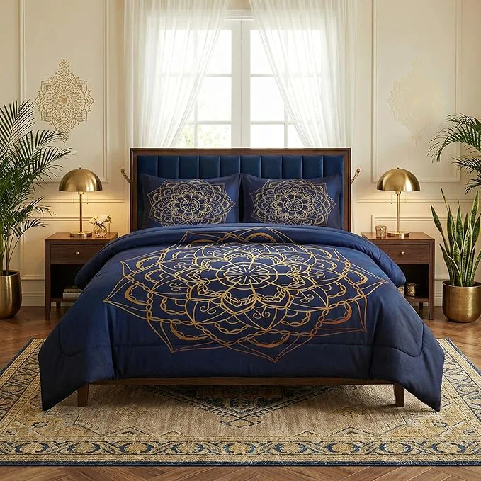 Twin Size Comforter Set with Pillowcase Navy Blue Boho Gold Mandala Soft 2 Pcs Bedding for Kids and Adults Bedroom Bed Decor High-Quality