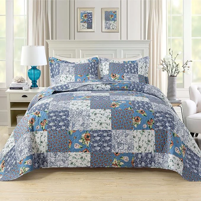 Advanced BEDIFANY Quilts Queen Size Bedding Set - Cotton-Filled Lightweight Bedspreads Queen Size 90 x 98 inch with Garden Pattern - Reversible Farmhouse Queen Quilt Bedding Sets for Decorations 3 Pieces Professional