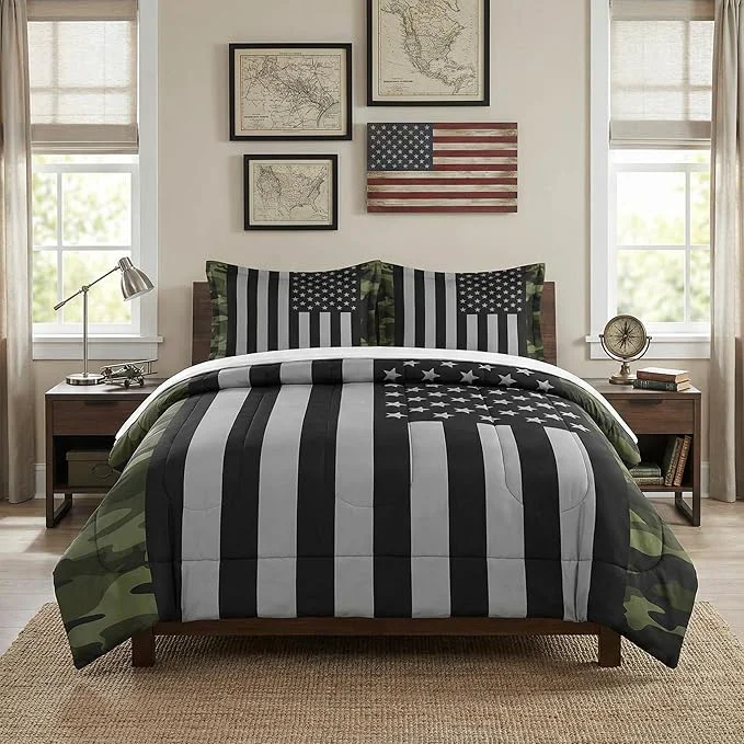 Elegant Queen Size Comforter Set with 2 Pillowcases Black Military Camouflage American Flag Soft 3 Pcs Bedding for Kids and Adults Bedroom Bed Decor Original