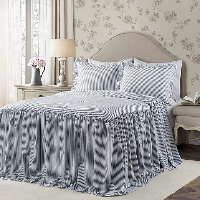 Lightweight Lush Decor Ticking Stripe Bedspread King Size 3 Piece Set Navy - Ruffle Bedding Set King Bedspreads - Striped Bedding - Farmhouse amp Coquette Decor Classic