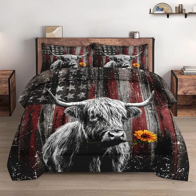 Genuine Twin Size Comforter Set with Pillowcase Highland Cow Animal 2 Pcs Bedding for Kids and Adults Farm American Flag Soft Comforter Set for Bedroom Bed Decor Functional