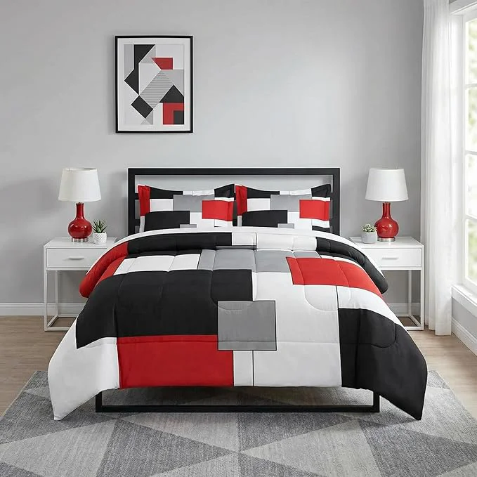 Flexible Full Size Comforter Set with 2 Pillowcases Black White Red Geometric Soft 3 Pcs Bedding for Kids and Adults Bedroom Bed Decor Exclusive