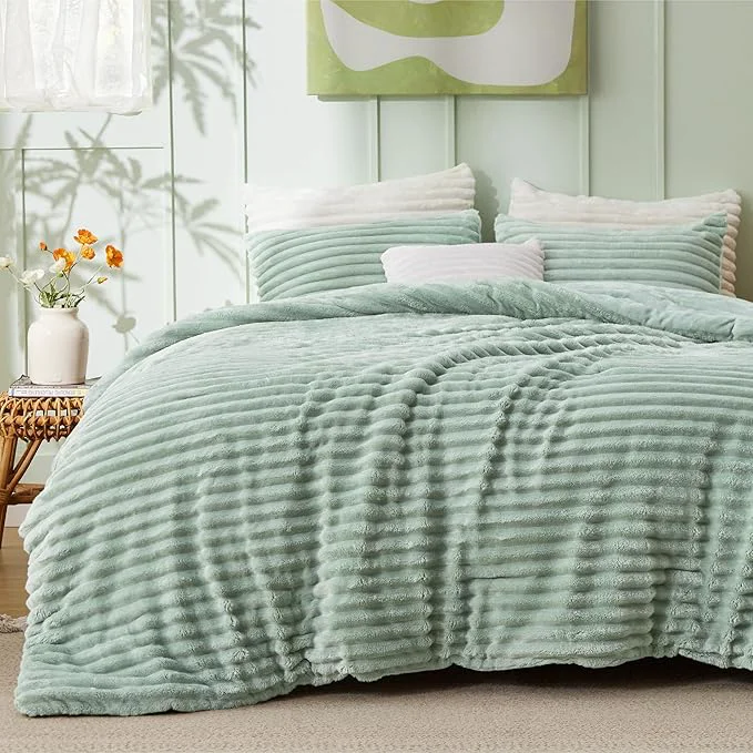 Casual Bedsure Comforter Set Queen Size - GentleSoft™ 3 Pieces Double-Side Fleece Fluffy Sage Green Comforter Set Cozy Striped Room Decor Aesthetic Luxury Bedding Queen Size 2 Pillowcases 90x90 Inches Efficient