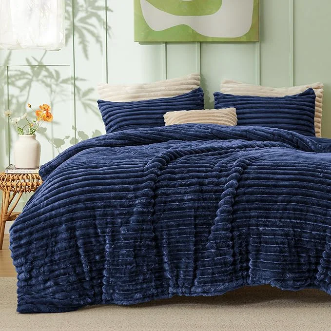 Environmentally Friendly Bedsure King Comforter - GentleSoft™ 3 Pieces Double-Side Fleece Fluffy Navy Blue Comforter Set Cozy Striped Room Decor Aesthetic Luxury King Size Bedding with 2 Pillowcases 104x90 Inches Selected