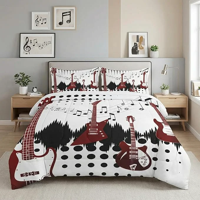 Practical Full Size Comforter Set with 2 Pillowcases Guitar Rock Music 3 Pcs Bedding for Kids and Adults Musical Play Soft Comforter Set for Bedroom Bed Decor Durable