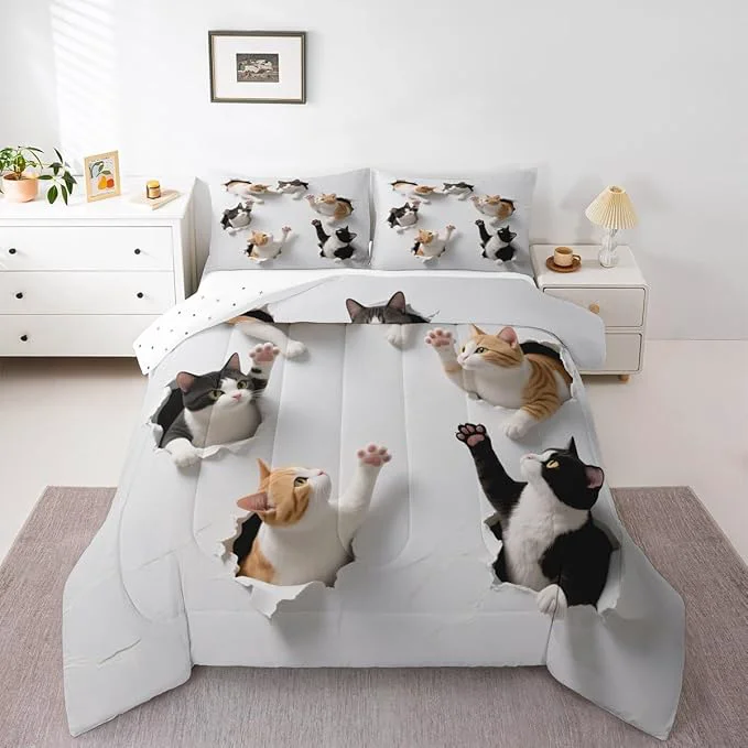 Certified Erosebridal Kawaii Cats Bedding Set Toddler Size 3D Kitten Comforter Set for Kids Boys Girls Paw Cute Pet Animal White Yellow Black Comforter Warm Soft Quilt Insert World-Class