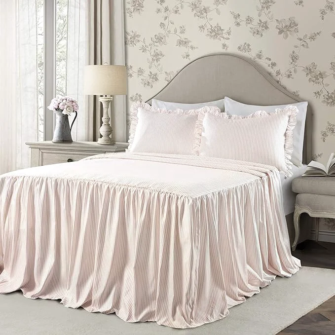 High-End Lush Decor Ticking Stripe Bedspread Queen Size 3 Piece Set Blush - Ruffle Bedding Set Queen Bedspreads - Striped Bedding - Farmhouse amp Coquette Decor Authentic