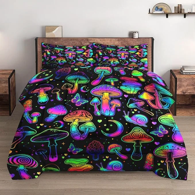 Authentic Full Size Comforter Set with 2 Pillowcases Summer Halloween Mushroom Neon Soft 3 Pcs Bedding for Kids and Adults Bedroom Bed Decor Comfortable