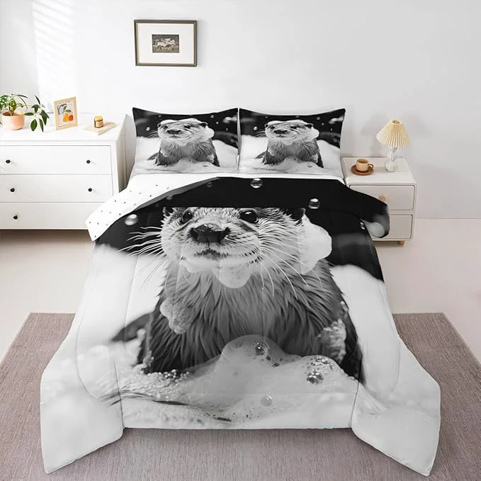Premium Erosebridal Marine Animal Comforter Set Queen Size Sea Otter Bedding Set for Kids Boys Girls Kawaii Shower Bubbles White Beige Black Comforter Warm Soft Quilt Insert Premium Material