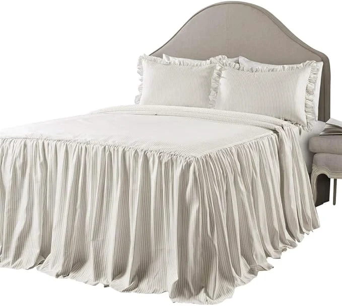 Excellent Lush Decor Ticking Stripe Bedspread King Size 3 Piece Set Wheat - Ruffle Bedding Set King Bedspreads - Striped Bedding - Farmhouse amp Coquette Decor Trusted