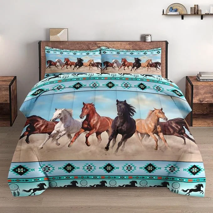 Trusted King Size Comforter Set with 2 Pillowcases Horses Desert Animal 3 Pcs Bedding for Kids and Adults Tribal Farm Sunset Run Soft Comforter Set for Bedroom Bed Decor Minimalist