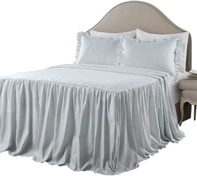 Consistent Lush Decor Ticking Stripe Bedspread Queen Size 3 Piece Set Lake Blue - Ruffle Bedding Set Queen Bedspreads - Striped Bedding - Farmhouse amp Coquette Decor Reusable