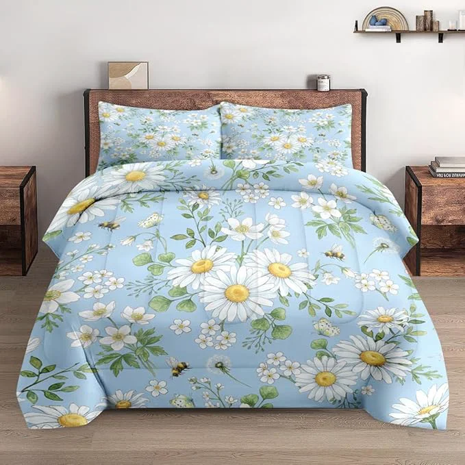 Outstanding Full Size Comforter Set with 2 Pillowcases Spring Summer Botanical Wildflower Daisy Flower Green Floral Soft 3 Pcs Bedding for Kids and Adults Bedroom Bed Decor Comfortable