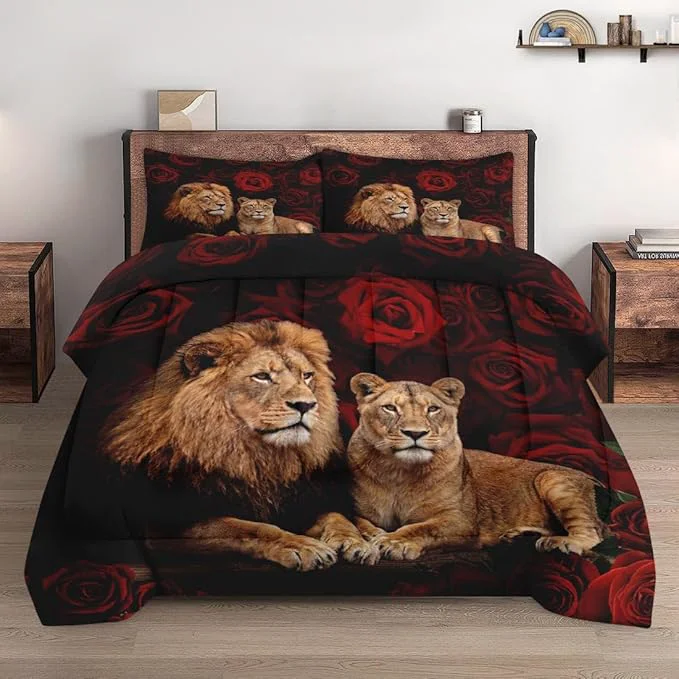 Long-Lasting King Size Comforter Set with 2 Pillowcases Lion Family Soft 3 Pcs Bedding for Kids and Adults Bedroom Bed Decor Pure