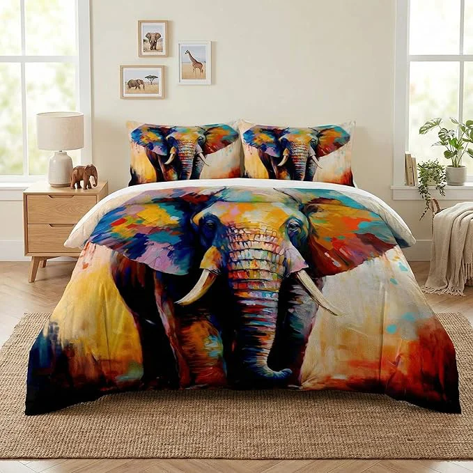 Practical Queen Size Comforter Set with 2 Pillowcases Painting Colorful Elephant Soft 3 Pcs Bedding for Kids and Adults Bedroom Bed Decor Luxury
