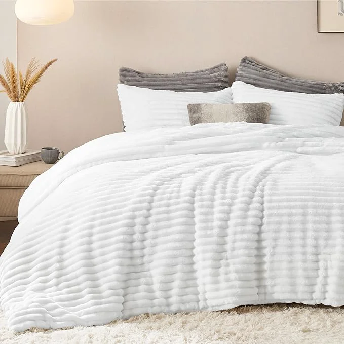 High-Quality Bedsure Comforter Set Queen Size - GentleSoft™ 3 Pieces Double-Side Fleece Fluffy Bright White Comforter Set Cozy Striped Room Decor Aesthetic Luxury Bedding Queen Size 2 Pillowcases 90x90 Inches Refined
