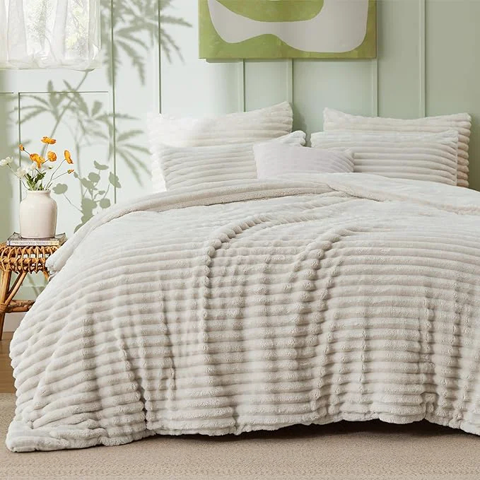 Unique Bedsure King Comforter - GentleSoft™ 3 Pieces Double-Side Fleece Fluffy Linen Comforter Set Cozy Striped Room Decor Aesthetic Luxury King Size Bedding with 2 Pillowcases 104x90 Inches Outstanding