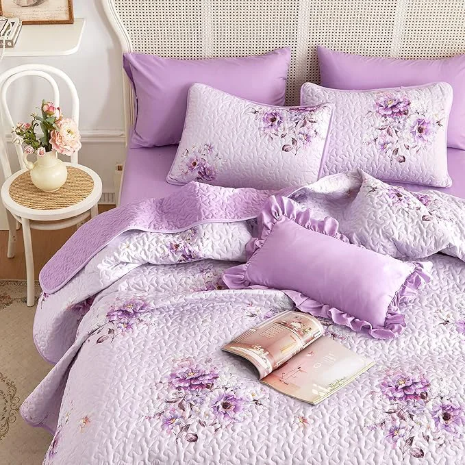 Exceptional Wake In Cloud - Shabby Chic Quilt Set Floral Coquette Cottagecore Farmhouse Vintage Flowers for Women Teen Girls Reversible Lightweight Bedspread Coverlet 3 Pieces Purple Twin Twin XL Size Premium Material