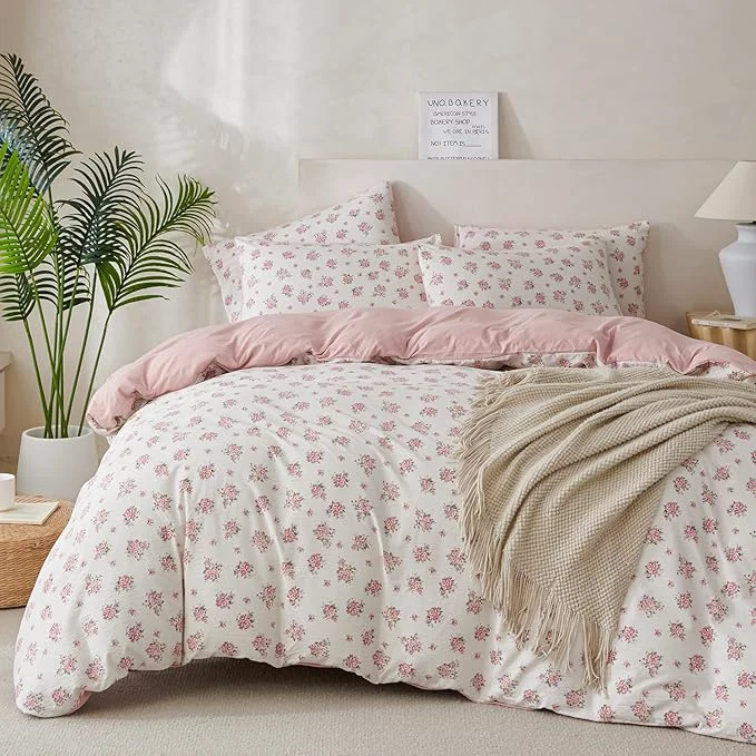 Eco-Friendly Flower King Comforter Set Soft 3 Pieces Chic Crinkle Gauze Fabric Garden Style Floral Print Botanical Comforter for All Seasons Luxury Warmth Comfy Breathable with 2 Pillowcases Outstanding