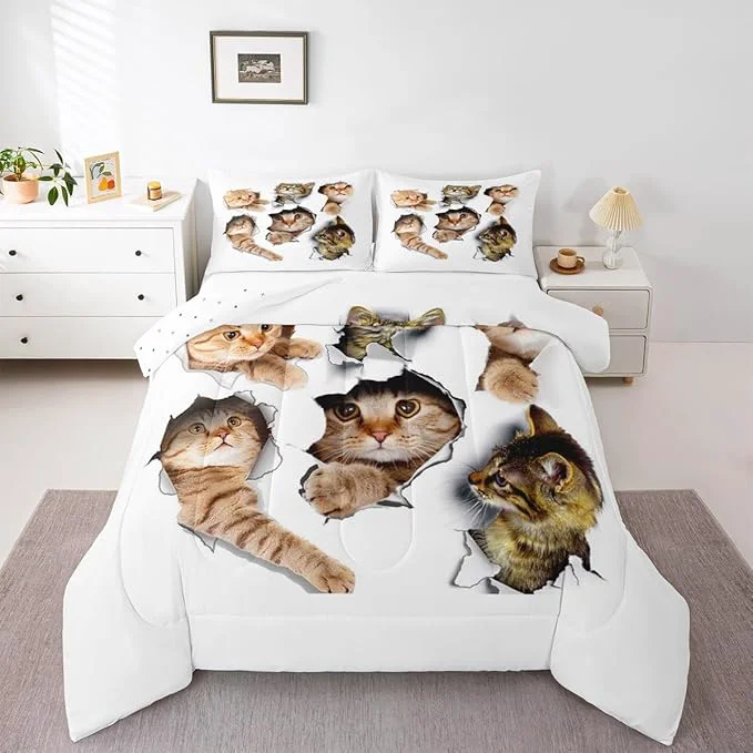 Superior Erosebridal 3D Kitten Bedding Set Queen Size Kawaii Cats Comforter Set for Kids Men Women Paw Cute Pet Animal White Orange Comforter Warm Soft Quilt Insert Official