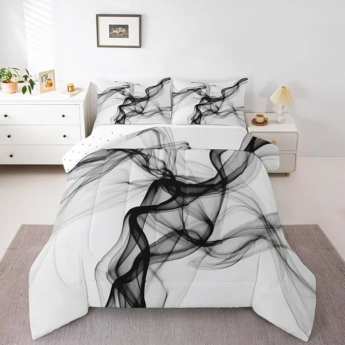 Verified Erosebridal Geometric Quilt Insert King Size Ink Line Bedding Set for Minimalists Gradient Stripe Aesthetic White Comforter Warm Soft Comforter Set Recyclable