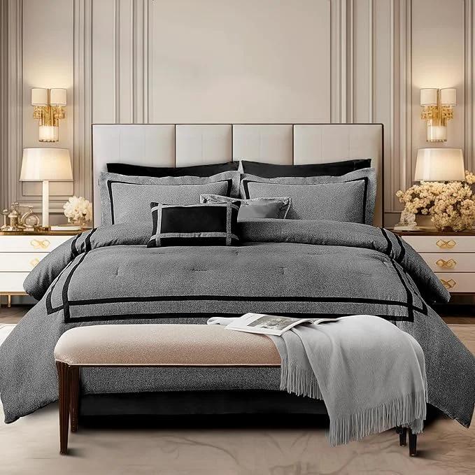 Durable Wonderful Hotel Comforter Set Queen Size 8 Piece Bedding Set Grey Luxury Hydro-Brushed Modern Bedding Comforter Set with Sheet Fitted Sheet Pillow Shams Decorative Pillow for All Season Versatile