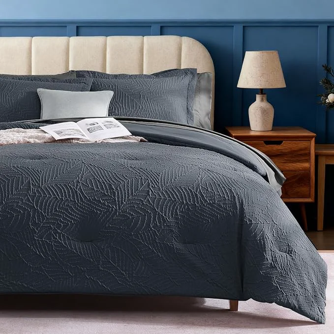 Quality Geniospin King Size Comforter Set - 7 Pieces Blue Gray Textured King Bedding Sets with Comforter Sheets Pillowcases amp Shams All Season Blue Gray Bedding Green