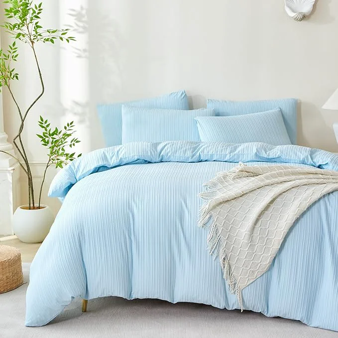 Fine Comforter King Set Light Blue Striped Soft Luxury Washed Microfiber Jacquard 3 Pieces Bedding Blue Vertical Ticking Stripes Pattern Comforter with 2 Pillowcases Breathable Durable Comfy Lightweight