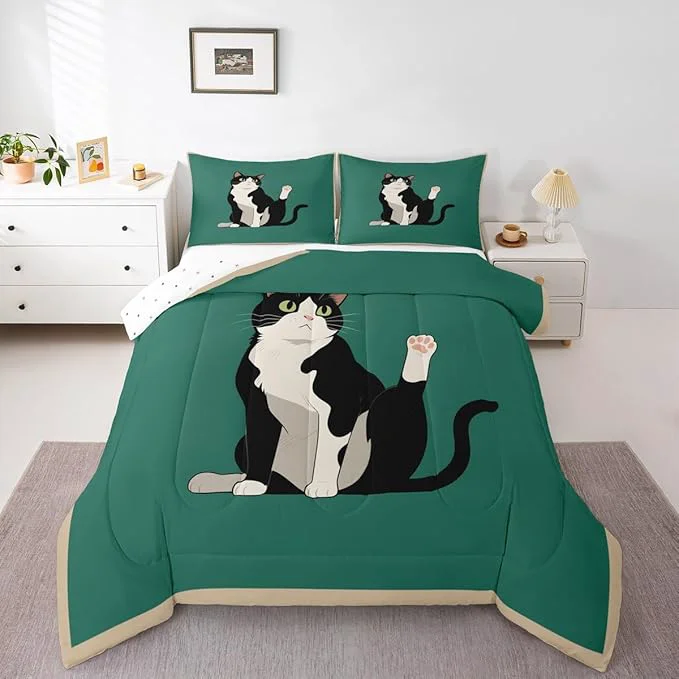 Trusted Erosebridal Kitten Quilt Insert King Size Cartoon Cat Bedding Set for Kids Boys Girls Retro Kawaii Cute Green Black Comforter Warm Soft Comforter Set Outstanding