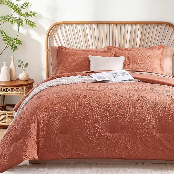 Detailed Geniospin King Size Comforter Set - 7 Pieces Burnt Orange Bedding Set Botanical Textured Comforter Set All Season Lightweight Bed in a Bag with Comforter Sheets Pillowcases amp Shams Official