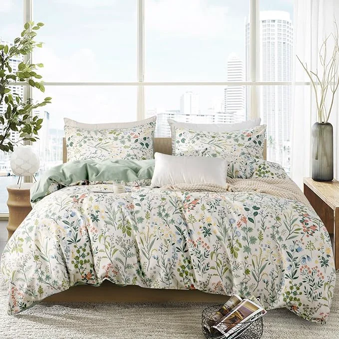 Functional Floral Comforter Set Queen Soft Bedding Comforter Set 3 Pieces Garden Style Green Red Flower Print Botanical Flowers Comforter Set for All Seasons 1 Comforter and 2 Pillowcases Floral Queen Stylish
