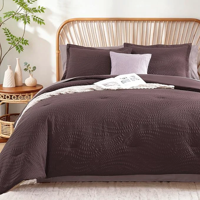 Geniospin Twin Comforter Set - 5 Pieces Purple Bedding Set Botanical Textured Comforter Set All Season Comfortable Bed in a Bag with Comforter Sheets Pillowcase amp Sham Consistent