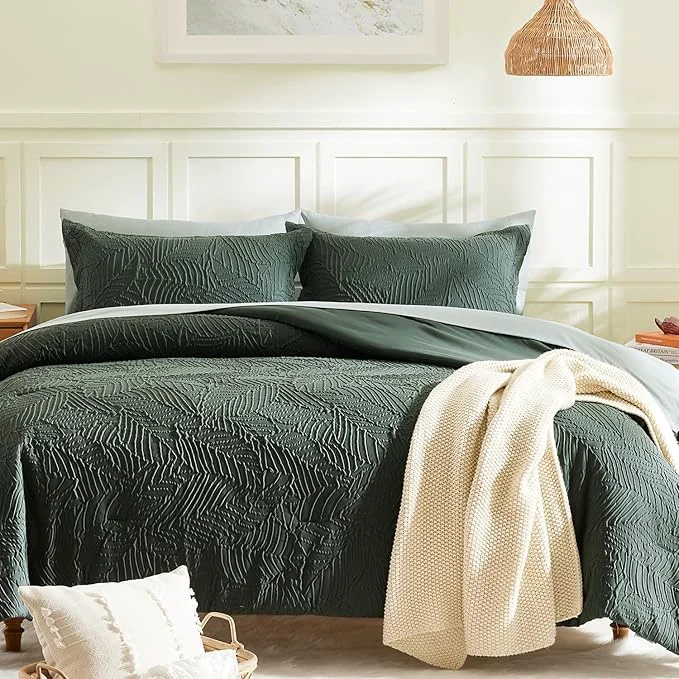 Versatile Geniospin Queen Comforter Set - 7 Pieces Dark Green Bedding Set Botanical Textured Comforter Bed Set All Season Lightweight Bed in a Bag with Comforter Sheets Pillowcases amp Shams Expertly Made