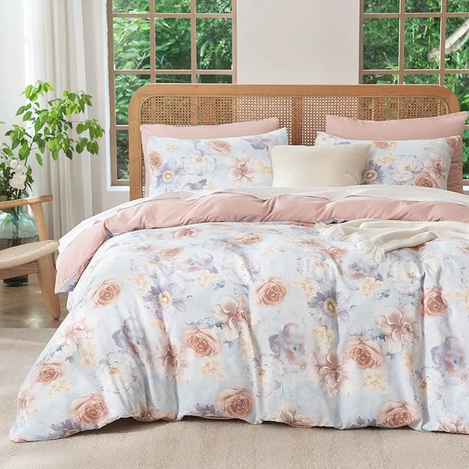 Flexible King Comforter Set Flowers 3 Pieces Soft Chic Crinkle Gauze Fabric Bedding Garden Peony Floral Print Botanical Comforter for All Seasons Luxury Warmth Comfy Breathable with 2 Pillowcases Safe