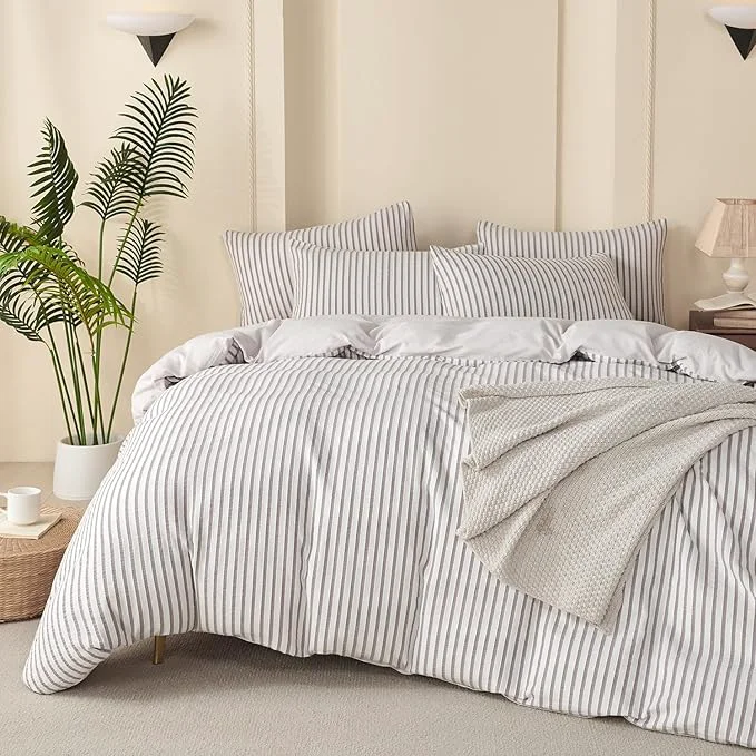 Quality Grey Comforter Set King Soft Luxury Washed Microfiber Jacquard 3 Pieces Bedding White Grey Vertical Ticking Stripes Pattern Comforter with 2 Pillowcases Breathable Durable Comfy Original Design