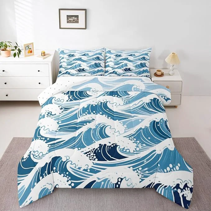 Durable Erosebridal Sea Waves Comforter Set Toddler Size Ukiyo-E Bedding Set for Kids Men Women Geometric Japanese Style Navy Blue White Comforter Warm Soft Quilt Insert Official