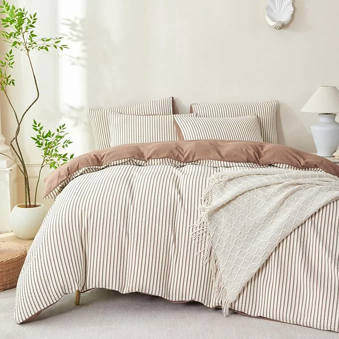 Solid Comforter Set Queen Size Striped Soft Luxury Washed Microfiber Jacquard 3 Pieces Bedding White Dark Brown Vertical Ticking Stripes Comforter with 2 Pillowcases Breathable Durable Comfy Certified