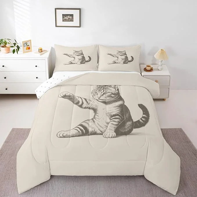 Consistent Erosebridal Cat Comforter Set Toddler Size Sketch Animal Bedding Set for Kids Boys Girls Kawaii Kitten 3D Cute Beige Black Comforter Warm Soft Quilt Insert High-Grade