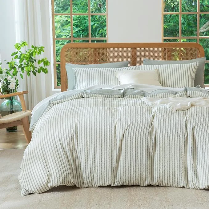 Effective Queen Size Comforter Set Striped Soft Luxury Washed Microfiber Jacquard 3 Pieces Bedding Grayish Green Vertical Ticking Stripes Pattern Comforter with 2 Pillowcases Breathable Durable Comfy Trusted