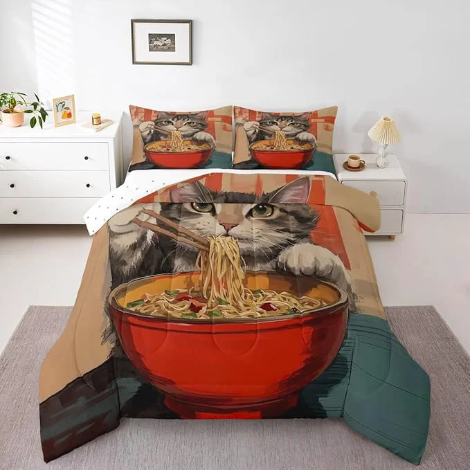 Consistent Erosebridal Cat Quilt Insert Full Size Noodles Bedding Set for Kids Boys Girls Bowl Food Kawaii Cute Kitten Red Grey Comforter Warm Soft Comforter Set Optimized