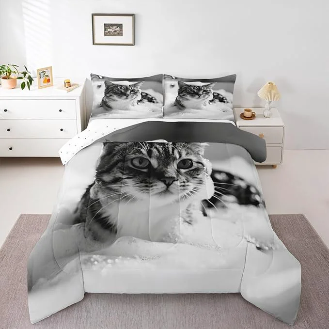 Durable Erosebridal Cat Comforter Set King Size Cute Kitten Quilt Insert for Kids Men Women Kawaii Beard Animal White Grey Comforter Warm Soft Bedding Set Comfortable