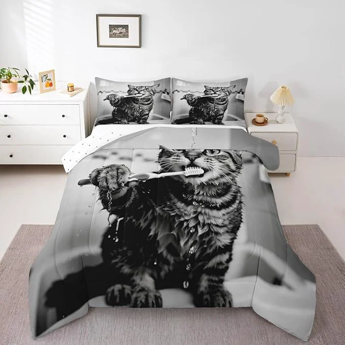 Official Erosebridal Kitten Bedding Set Twin Size Cute 3D Comforter Set for Kids Boys Girls Toothbrush Kawaii Animal White Black Comforter Warm Soft Quilt Insert Professional