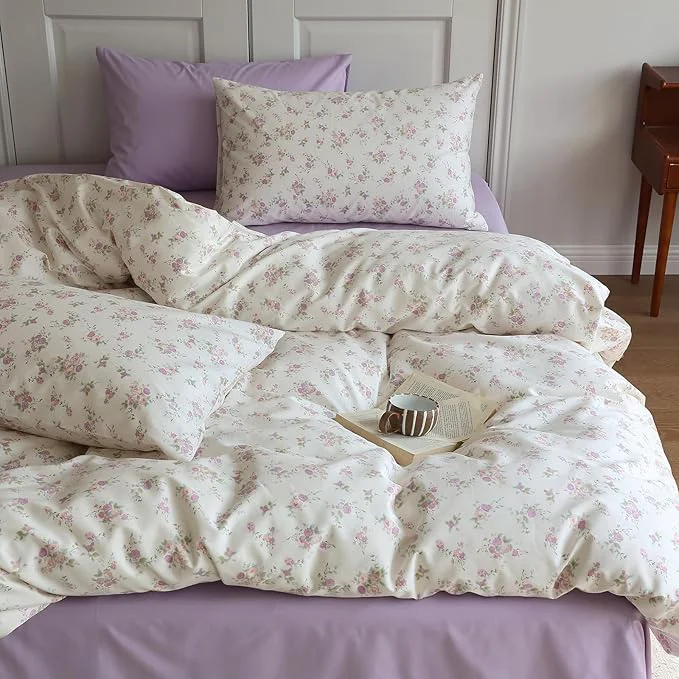 Excellent HighBuy Garden Style King Size Comforter Set Lilac Floral Boho Bedding Comforter Sets Lightweight Aesthetic Bedding Set 3 Piece 1 Floral Comforter King Size Fluffy and 2 Pillowcases King Innovative
