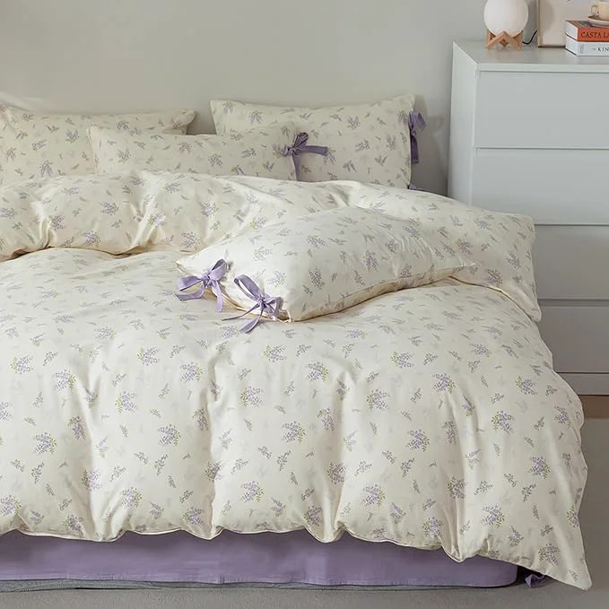 Professional HighBuy Coquette Purple Floral Comforter Set Full Size Garden Floral Bedding Comforters with 2 Bow Tie Pillowcases for Teen Girl Vintage Boho Comforter Fluffy Soft All Season Comfy Comforters Breathable